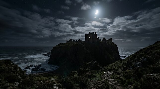 Dramatic Castle Silhouette Under Moonlight on a Rocky Coastline.