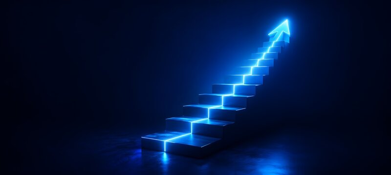 Glowing neon light forming an upward staircase with an arrow at the top representing step-by-step business success and career growth.