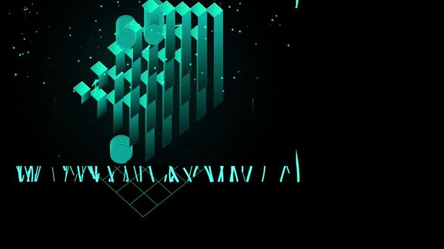 Abstract teal isometric digital grid animation with floating geometric data blocks and particles background