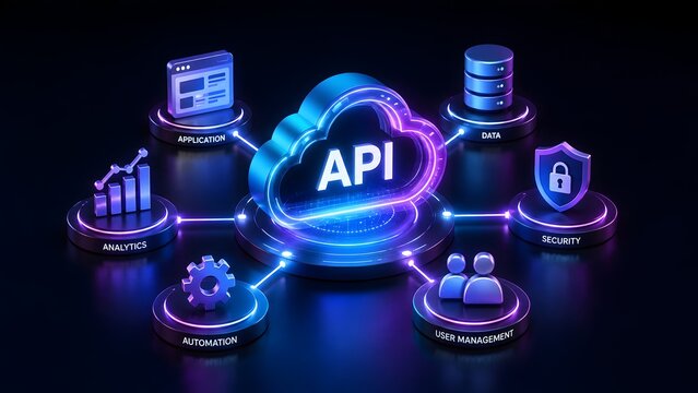 Isometric 3D API cloud platform connecting software application, data analytics, automation, security, and user management nodes.