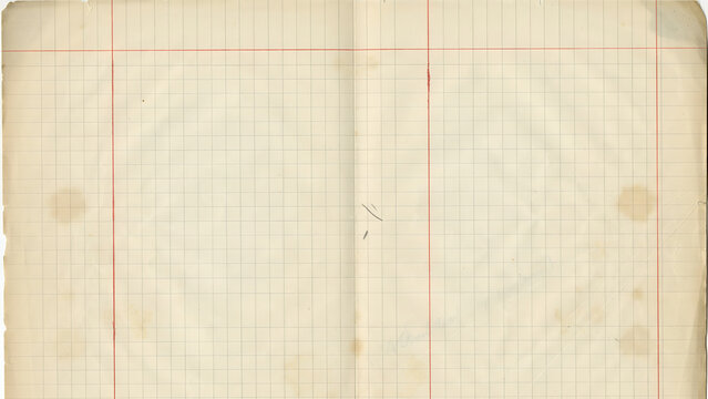 Vintage blank accounting ledger paper with grid lines and red margins, aged textured paper background
