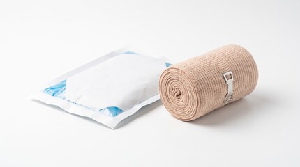 Medical elastic bandage roll and sterile gauze pad for first aid care © Maryam