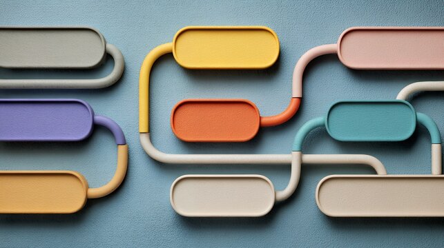 Colorful 3D infographic workflow chart with connected pill-shaped nodes and linking pipes on a textured blue background
