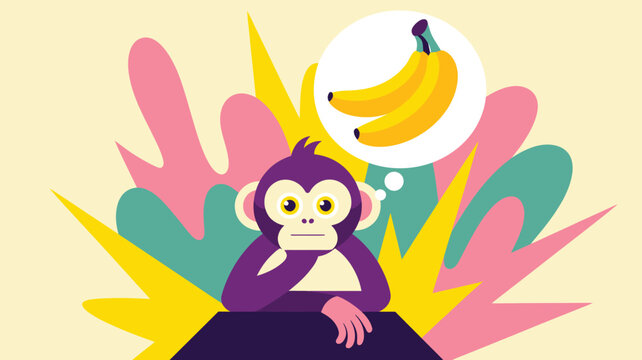Purple monkey character sitting thoughtfully with bananas in its thought bubble