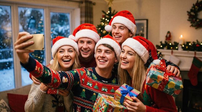 Festive friends taking a selfie together during a cheerful christmas holiday celebration indoors