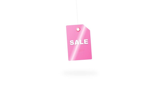 3D pink sale tag hanging on string with glossy reflection for shopping and retail promotion