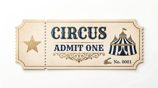 Elegant retro circus admission ticket with blue and gold tent