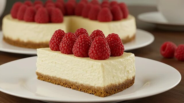 Delicious slice of creamy cheesecake topped with fresh red raspberries on a white plate.