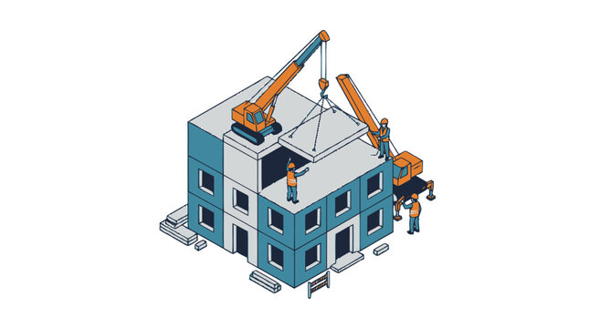 Isometric Construction Site with Cranes and Workers.