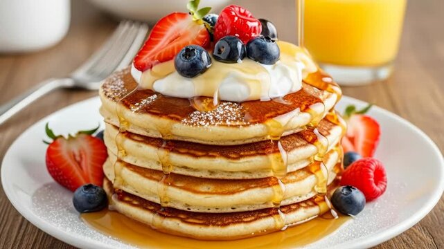 Delicious stack of fluffy pancakes with fresh berries, whipped cream, and maple syrup.