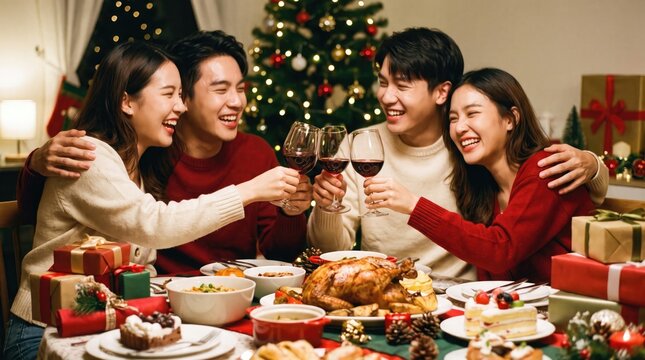 Happy asian family celebrating christmas together with a festive dinner and gifts