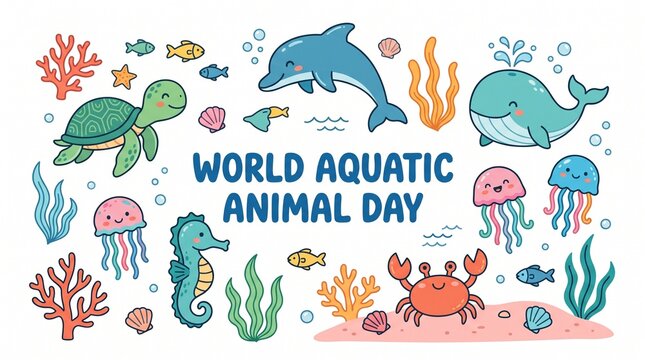 Colorful aquatic animals celebrating world aquatic animal day