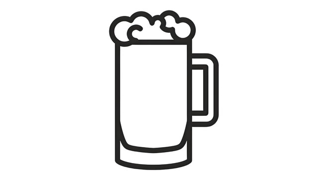 Black and white beer mug outline icon with foam isolated on white background. Minimalist beer glass line art illustration, draught pint sketch, pub beverage symbol, and drink vector graphic.
