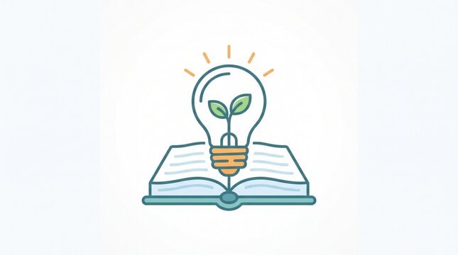 Lightbulb with green plant growing on open book