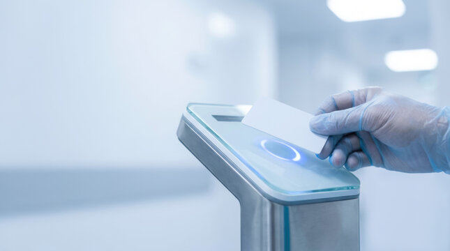 Healthcare account concept with gloved hand using touchless payment terminal in clean clinical environment