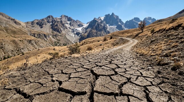 Dry earth cracks under a sunlit sky. Majestic mountains rise behind a winding path. Lone figure walks toward distant peaks. The landscape feels barren yet awe-inspiring. Ideal for themes of isolation