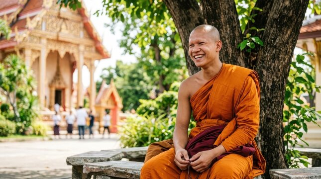 Smiling Young Buddhist Monk in Orange Robes Sitting Under a Tree at a Traditional Thai Temple