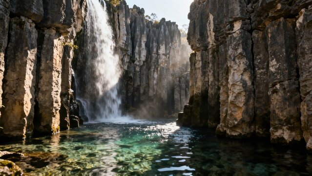 A majestic waterfall cascades into a clear turquoise pool surrounded by tall, rugged rock formations in a natural canyon.