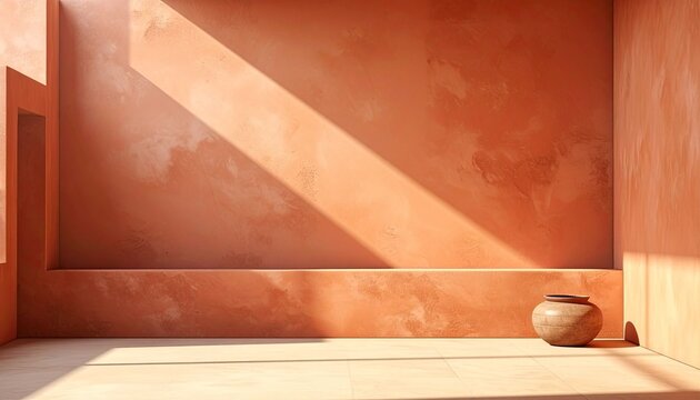 Minimalist Terracotta Room with Sunlight and Ceramic Vessel
