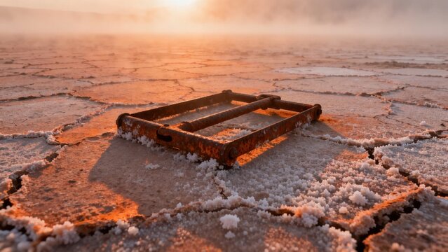 Rusty metal frame lies on cracked salt flats at sunset, with crystallized salt formations and warm golden light.