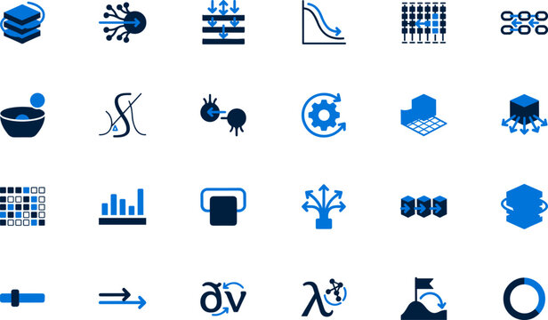 Machine learning and artificial intelligence development blue vector icon set
