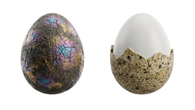 A cracked iridescent egg beside a smooth white egg sitting inside a speckled quail egg shell fragment isolated on a transparent background
