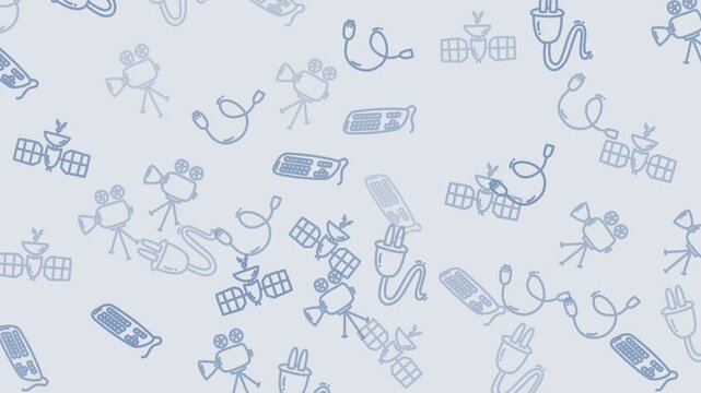 Blue satellites, cameras, power cords, plugs, mobile phones, digital icons, patterns  ideal for technology backgrounds, websites, animations, and videos.