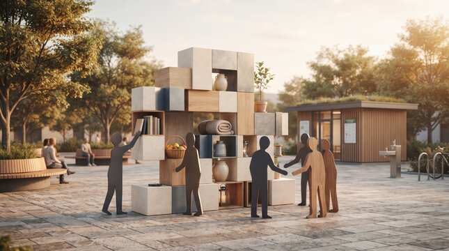 International peace day interactive public art installation with wooden blocks and stylized figures in a town square