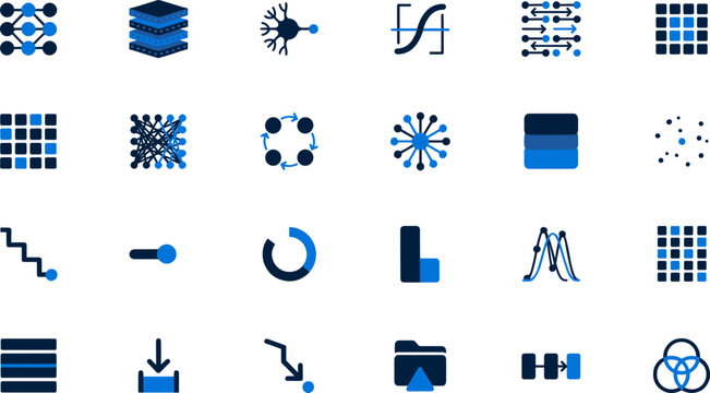 Neural network architecture icons in blue for deep learning concepts