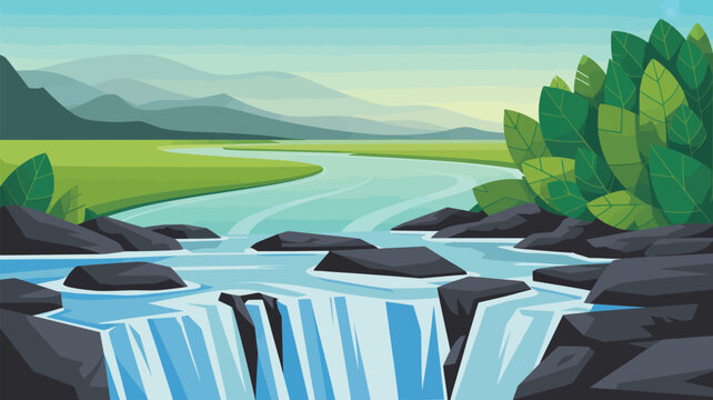 Scenic river flowing through a green valley with distant mountains and rocks