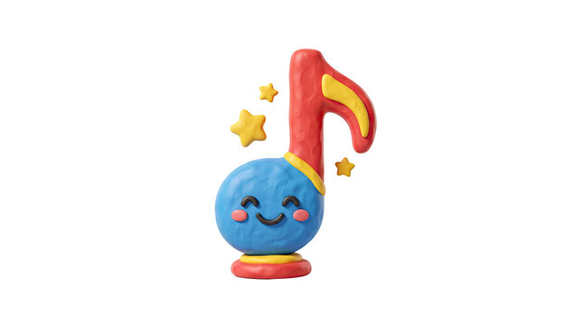 Playful clay music note character with smiling face, cute plasticine musical eighth note with yellow stars, handmade claymation art for kids education isolated PNG with Transparent Background