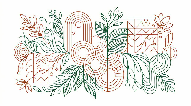 Abstract botanical illustration with geometric shapes and flowing line art elements.