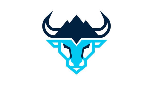 Blue geometric bull head with mountain peak design.
