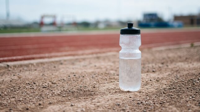 Clear plastic water bottle with black cap filled with clear liquid placed on gravel near a running track.