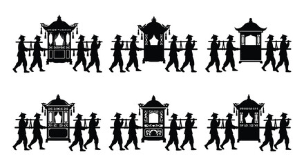 Fototapeta premium Silhouettes of palanquins carried by people a black vector illustration