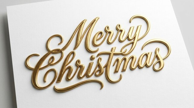 Golden calligraphy spells "Merry Christmas" on textured white card. Elegant script glows with metallic sheen and soft shadows. Perfect for holiday greetings, invitations, or festive branding