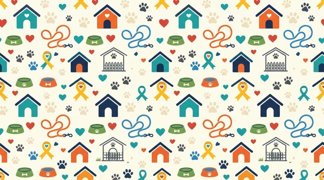 Seamless pattern with colorful dog houses and pet accessories icons