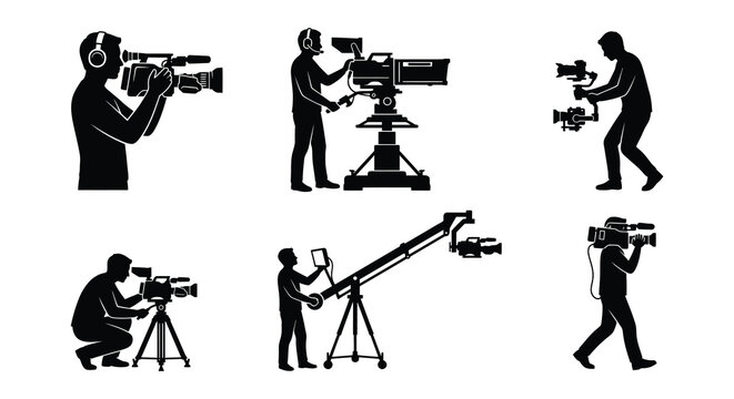 Film crew silhouettes operating various camera equipment on white background