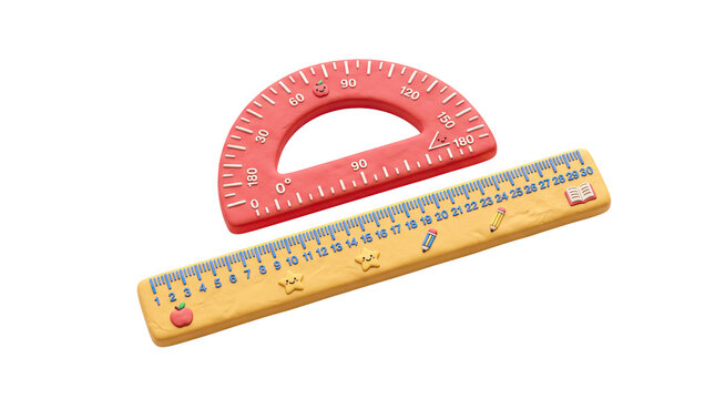 Colorful plastic toy ruler and protractor set, educational math learning tools for children, school supplies for elementary students isolated PNG with Transparent Background