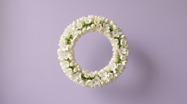 Delicate wreath of fresh white lilac flowers arranged in a perfect circle captured with soft lighting against pastel purple backdrop