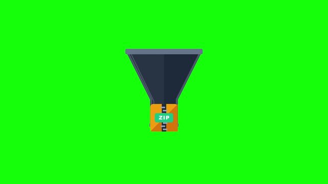 Zip file progress showing six funnels compressing data on green screen