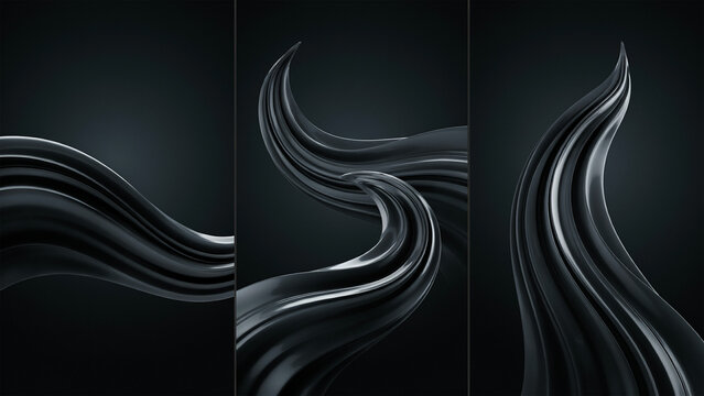 Abstract dark grey liquid waves flowing in three vertical panels on a dark background