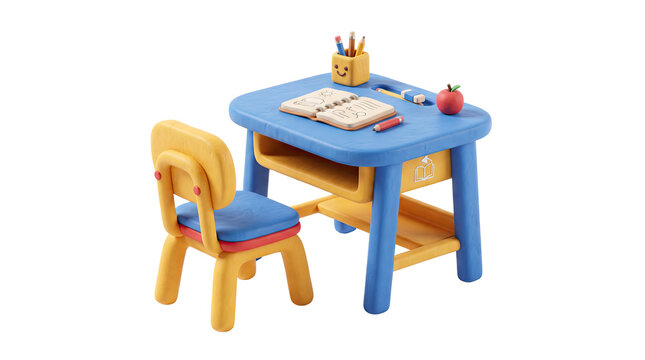 Miniature plastic kids study desk with chair, colorful toy school desk with stationery, playful learning furniture for children isolated PNG with Transparent Background