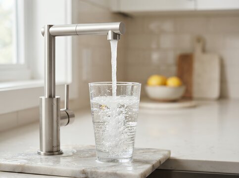 Modern kitchen faucet filling a clear glass with fresh water.