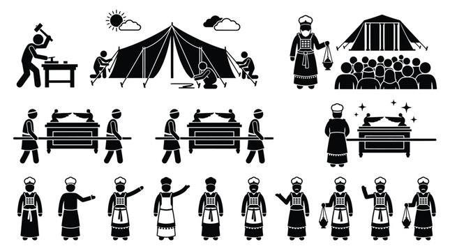 Biblical scene collection featuring stick figure priests carrying the holy ark of the covenant vector illustration