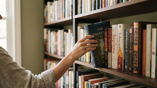 Person reaching for a book on a library shelf.
