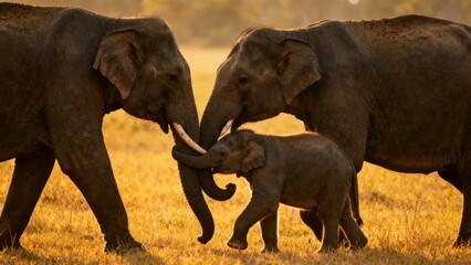 Fototapeta premium Three elephants, including a calf, walking together in a golden grassland at sunset