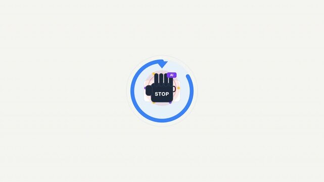 Blue circular arrow animation with stop symbol on black hand icon. Suitable for web design, alerts, notifications, presentations, and videos.