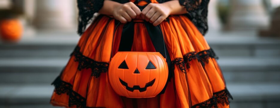 Girl in orange Halloween dress holding a pumpkin bucket outside, close-up photo  