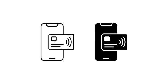 Mobile contactless payment phone with credit card signal outline and solid glyph vector symbols design.